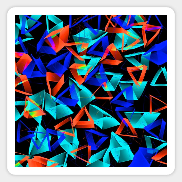 3D Blue Aqua and Orange Triangles on Black Abstract Sticker by Klssaginaw